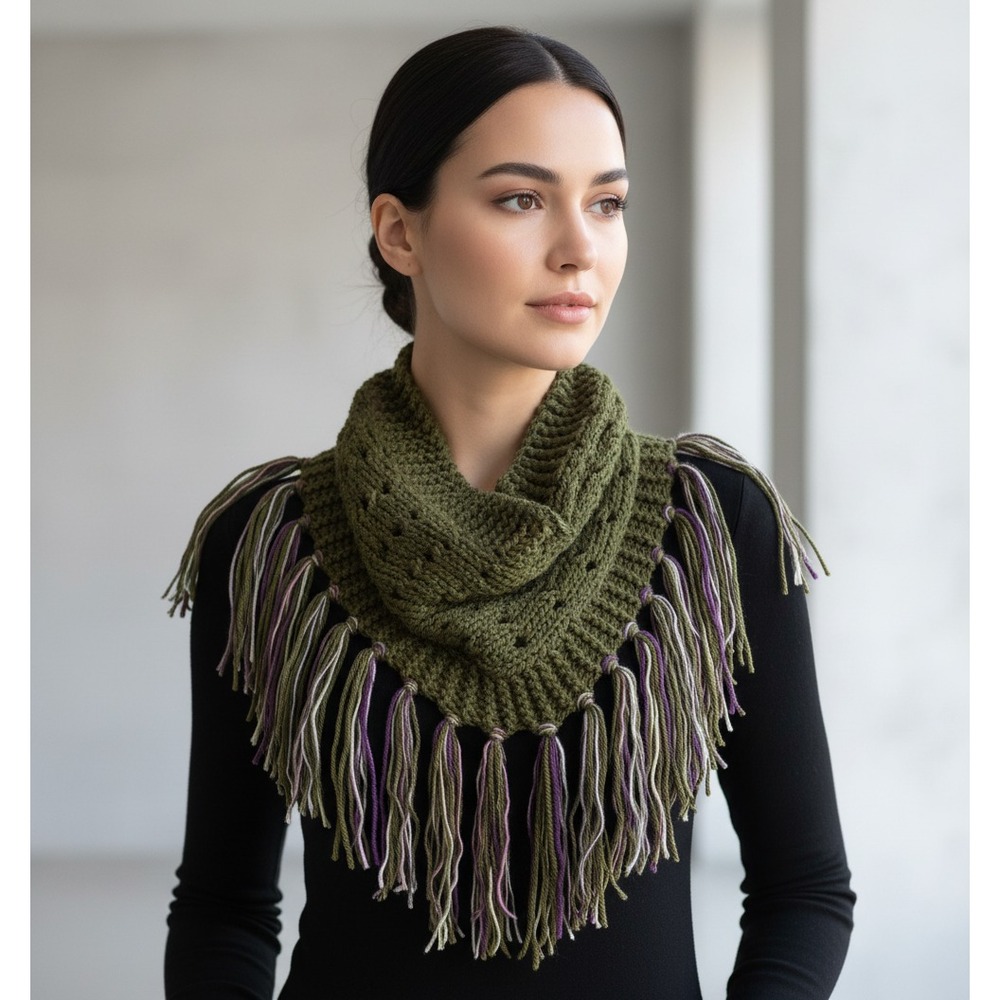 NEW Cowl Scarf Fringe Hand Knitted Green Purple Boho Earthy‎ Hippie Artsy Indie